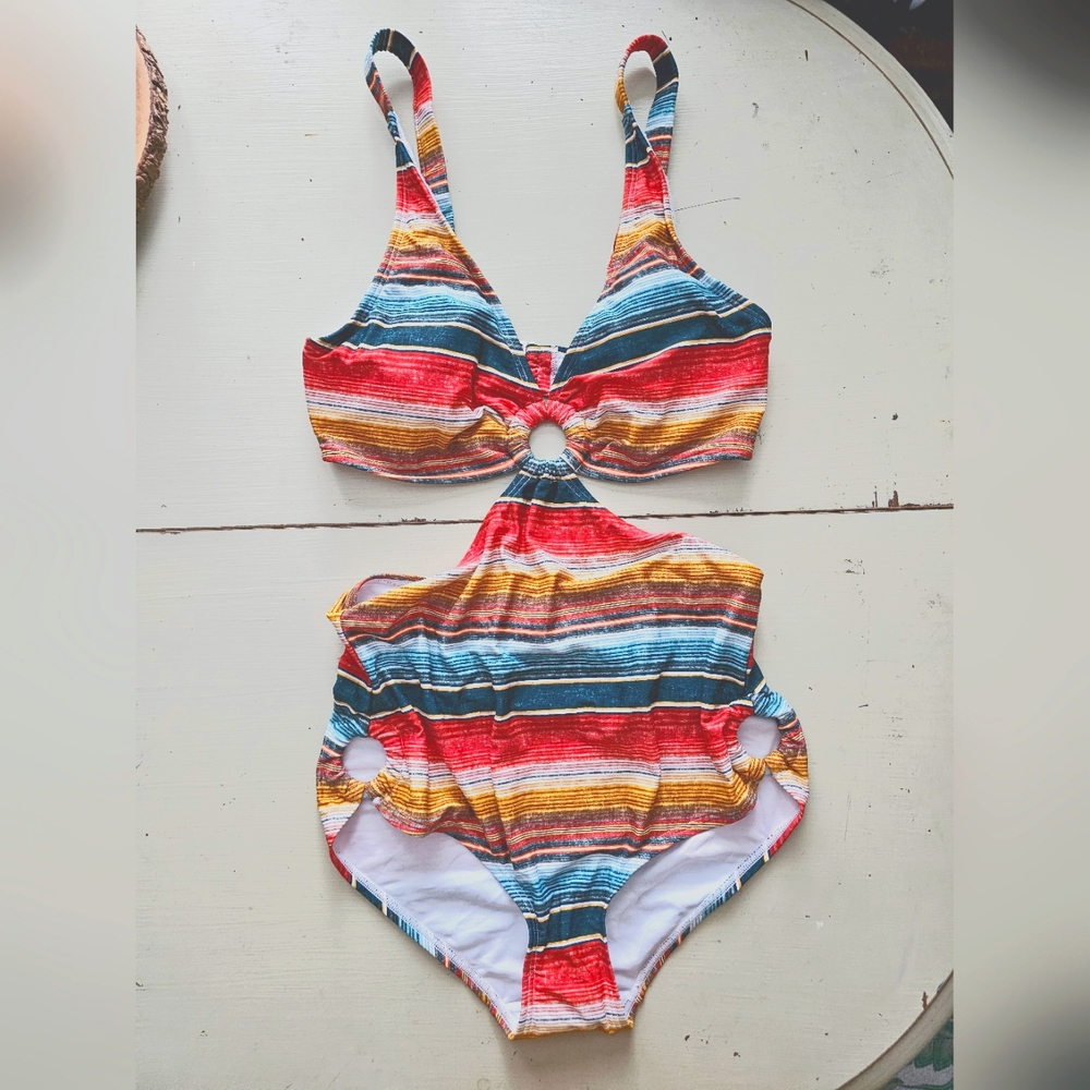 Unique vintage plus sized 1970s serape stripe fresh cut one-piece